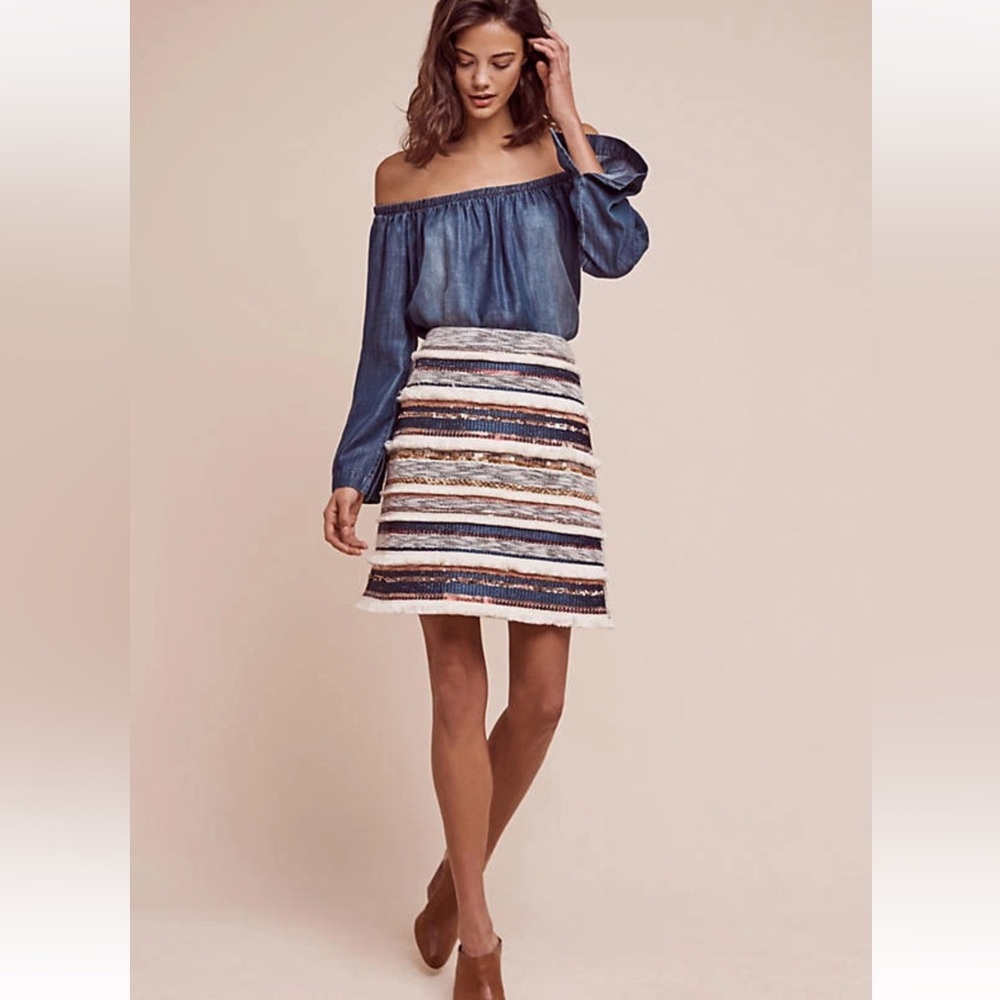 Anthropologie Striped Textured A-Line Skirt in Navy, White, Tan & Gold